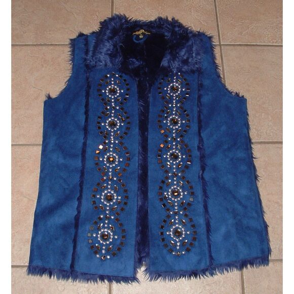 JOAN BOYCE Blue Sz XL Soft Faux Suede Embellished Front Faux Fur Lined Vest - Picture 1 of 5
